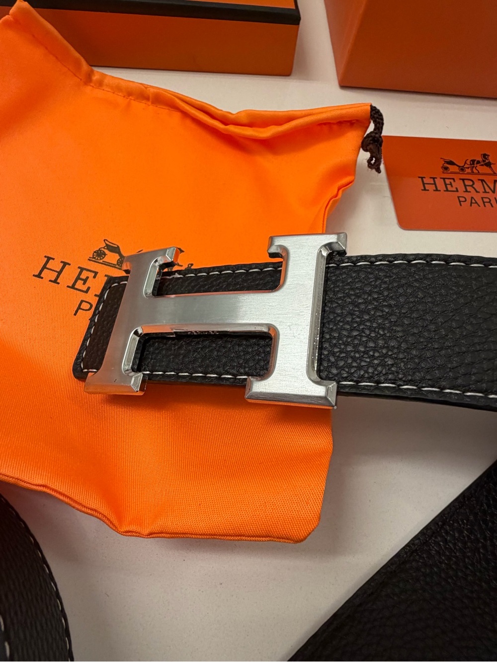 Men's Black Leather Belt with Silver H Buckle - Picture 9 of 14